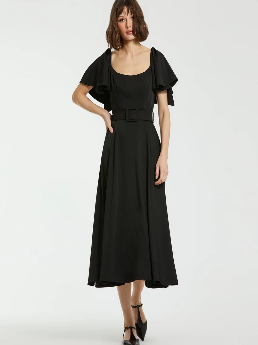Mac Duggal 20977 Black Ruffle Sleeve Belted Midi Dress – Size 0
